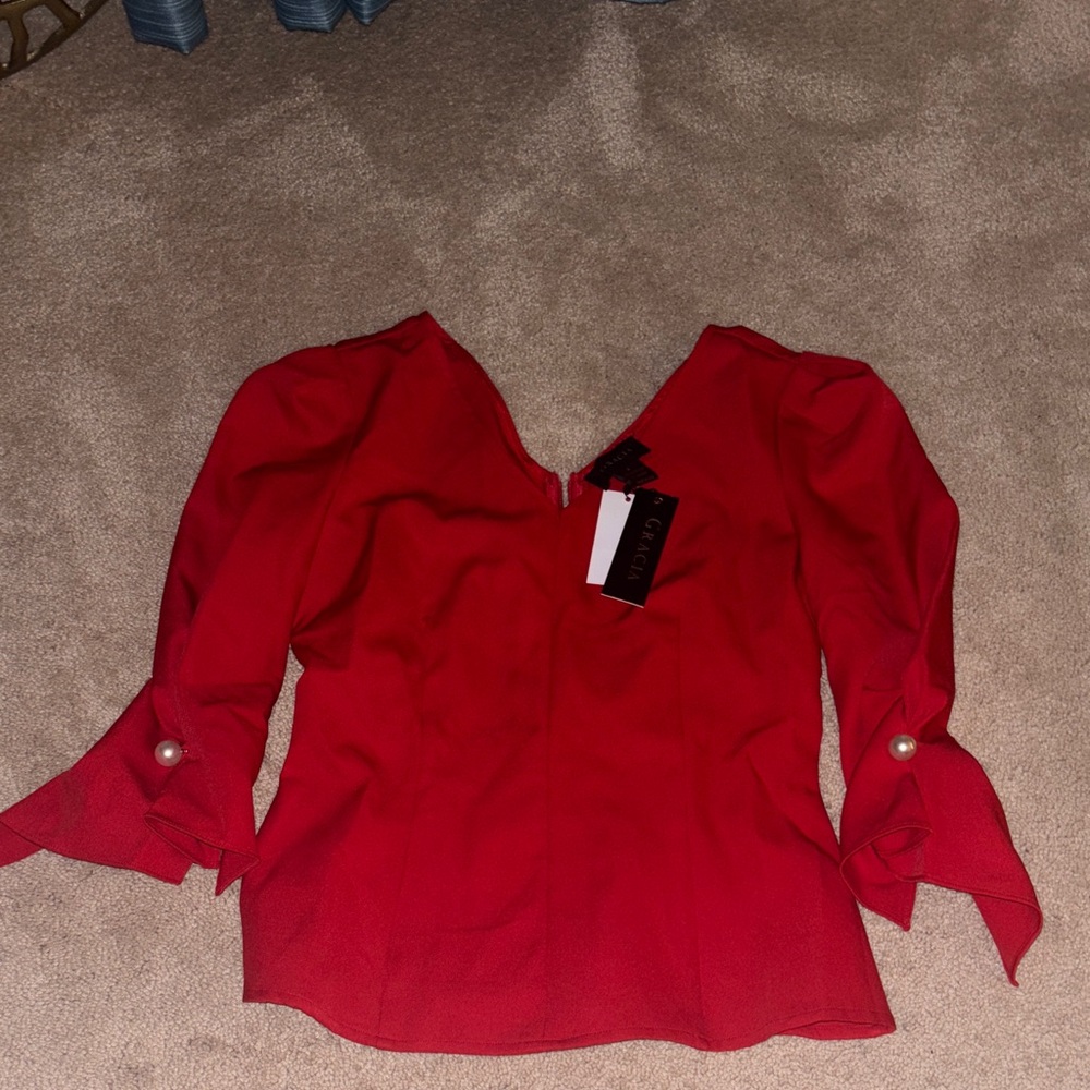 Gracia Elegant Red Women's Top with Pearl Accents